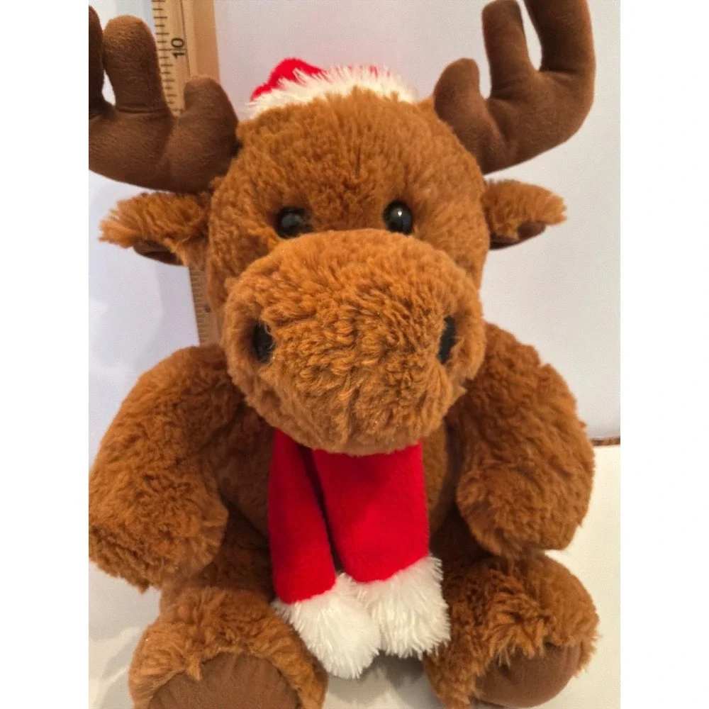 Plush Moose Stuffed Animal Christmas Holiday Santa Hat Scarf Soft Brown